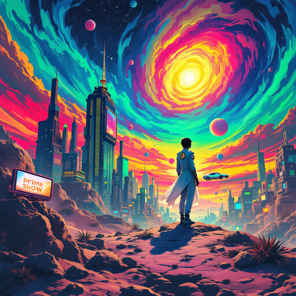 A figure stands on a rocky terrain, gazing at a vibrant, swirling sky filled with galaxies and colorful planets, symbolizing the riddle of the past and the spectacle of the future.