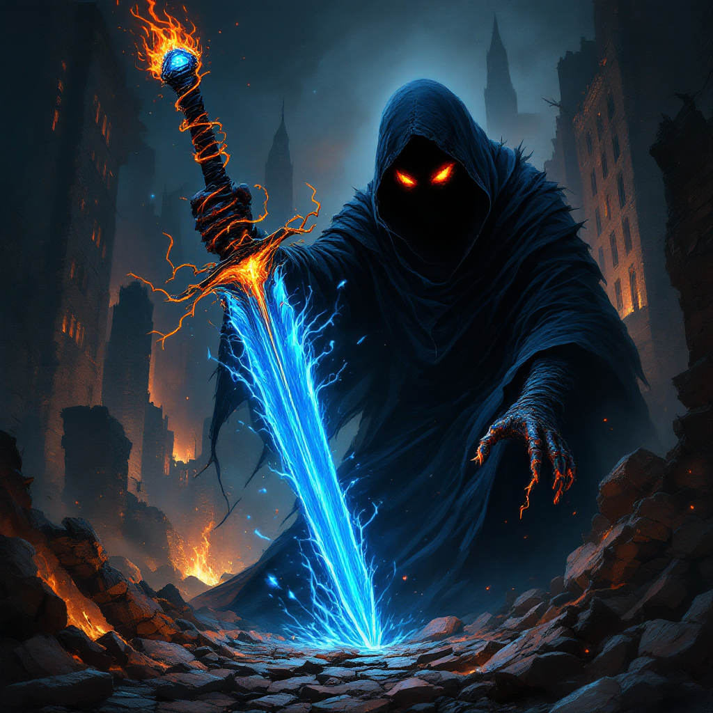 A cloaked figure with glowing orange eyes wields a blue, electrified sword against a backdrop of destruction, embodying the quote Fear is a weapon. Dark and powerful imagery.