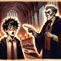 A young boy with glasses, shocked, is being sternly scolded by an older man in robes, inside a grand hall with arched windows and lit torches.