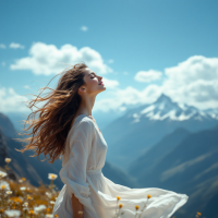 A woman in a flowing white dress stands on a mountain meadow, eyes closed and hair flowing in the wind, embodying the idea that true essence is felt, not seen.