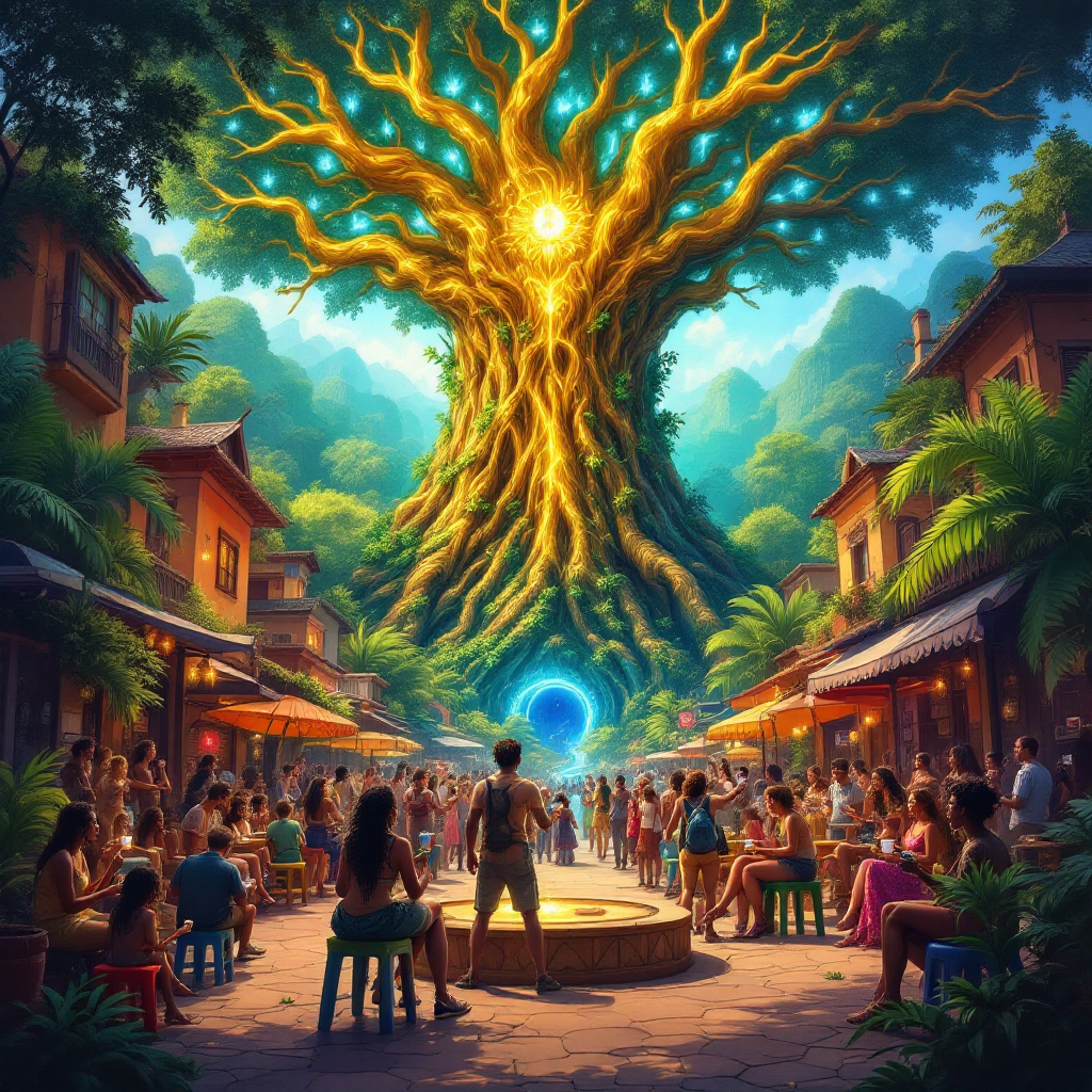 A vibrant village scene in Zikola, featuring a majestic glowing tree at its center, with people gathered harmoniously around, embodying a spirit of community and connection with nature.