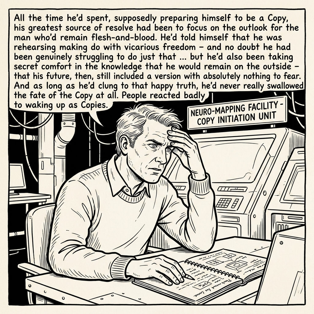 Man in a futuristic control room reads documents, surrounded by screens showing medical info, reflecting on the struggle of preparing to become a Copy while valuing his human future.
