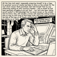 Man in a futuristic control room reads documents, surrounded by screens showing medical info, reflecting on the struggle of preparing to become a Copy while valuing his human future.