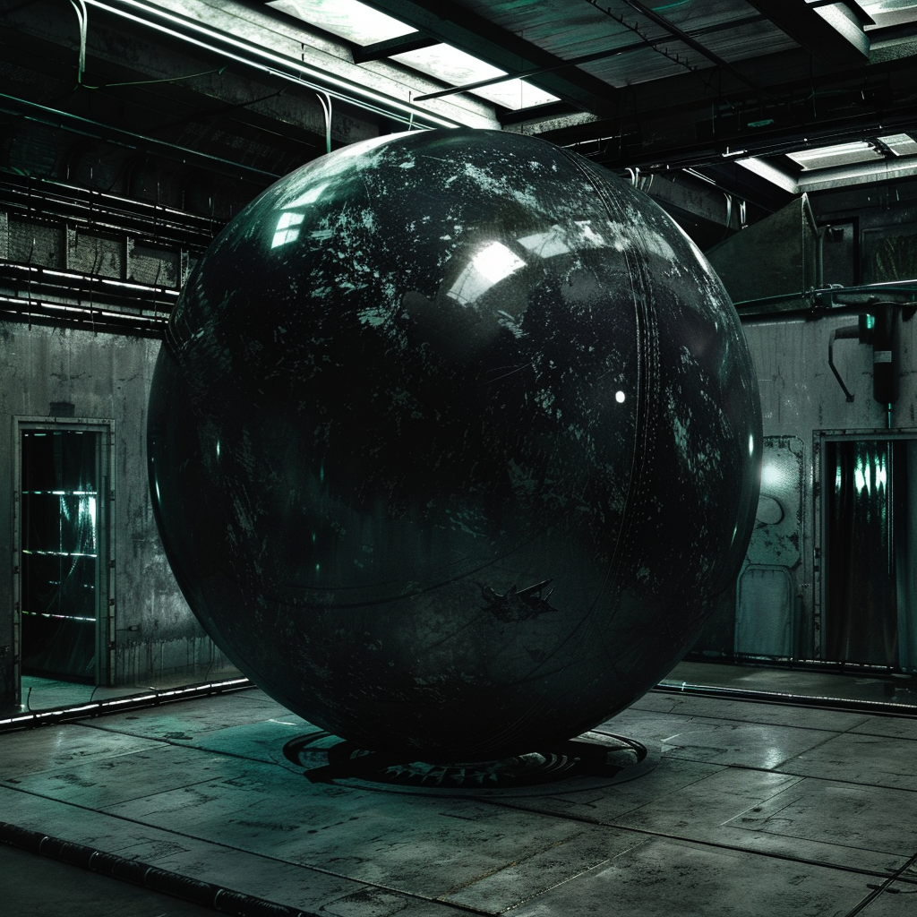 A large, black sphere emitting an otherworldly glow dominates a dimly-lit room, visually capturing the essence of an unbreachable level-seven stasis field described in a book quote.