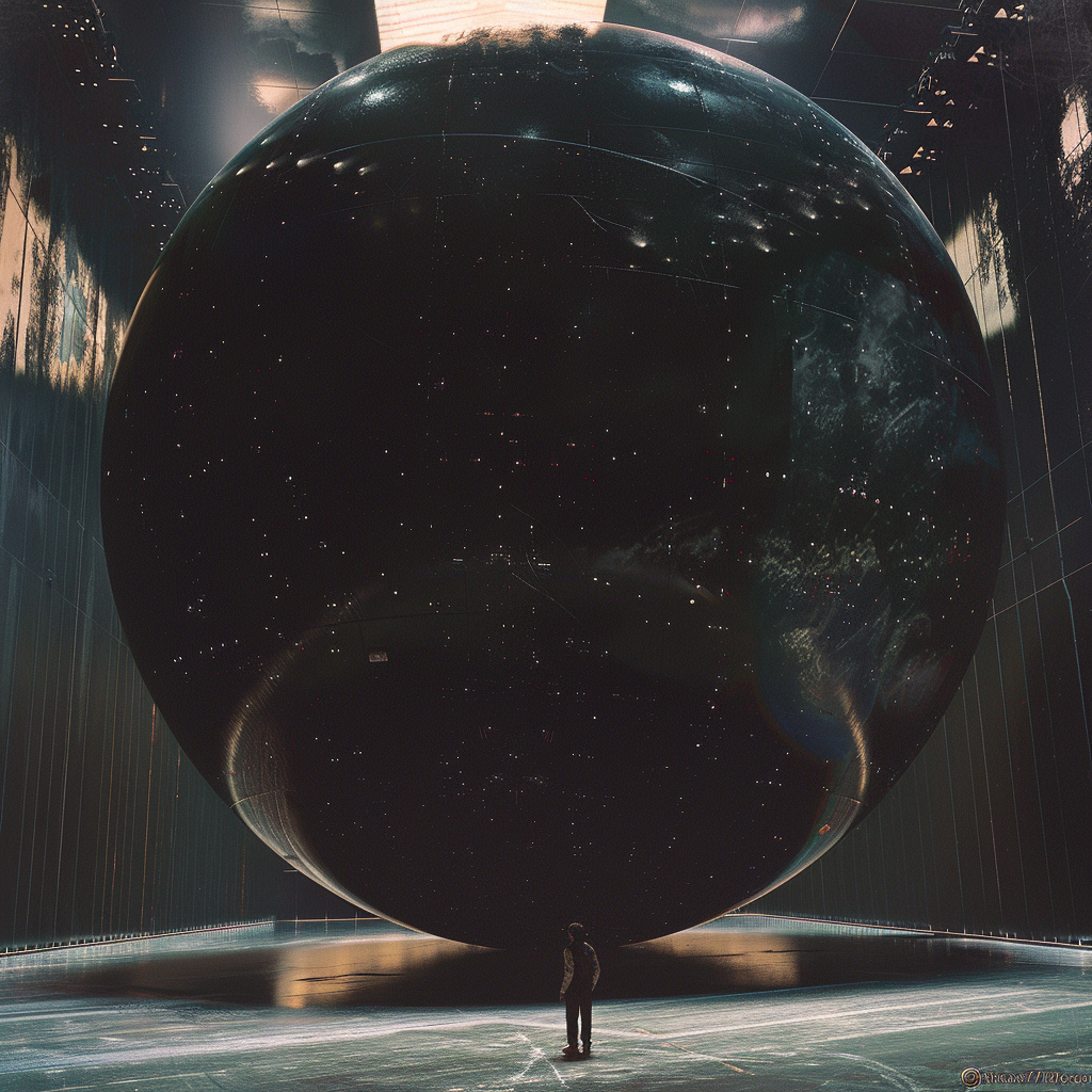 A person stands in front of a massive, black sphere in a dimly lit room, evoking a sense of an unbreachable level-seven stasis field, as described in the book quote.