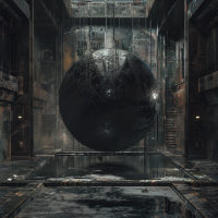 A black sphere hovers mid-air in an industrial, dimly-lit room, sealed within a level-seven stasis field. The surroundings are metallic and worn, with a slightly eerie and futuristic atmosphere.
