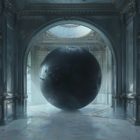 A grand room with ornate architecture houses a massive black sphere, contained within a level-seven stasis field, exuding an unbreachable aura reminiscent of an event horizon.