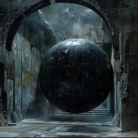 A black sphere hovers in the center of a decaying, industrial room, encapsulated within a level-seven stasis field, as described in the book quote. The atmosphere feels abandoned and eerie.