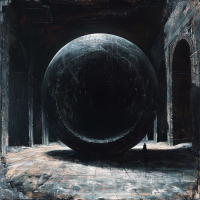 A dark, atmospheric room with tall arches houses a massive, ominous black sphere, representing a level-seven stasis field as unbreachable as an event horizon.