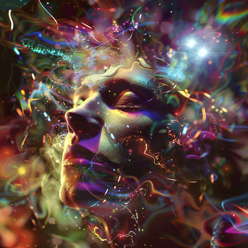 A human face surrounded by vibrant, swirling colors and abstract patterns, illustrating the concept that reality exists in the human mind and nowhere else.