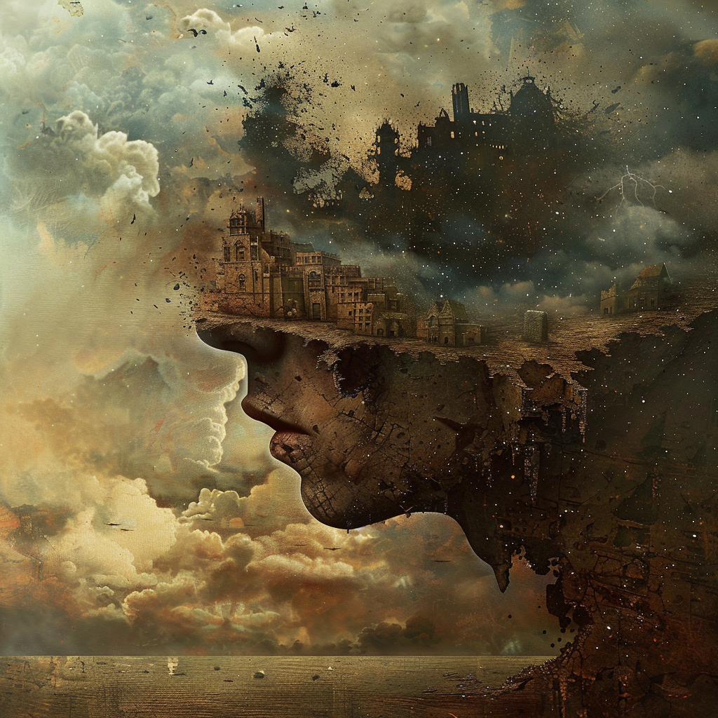 Surreal artwork depicting a side profile of a human face merging with a dreamlike landscape of clouds, buildings, and stars, inspired by the quote: Reality exists in the human mind, and nowhere else.