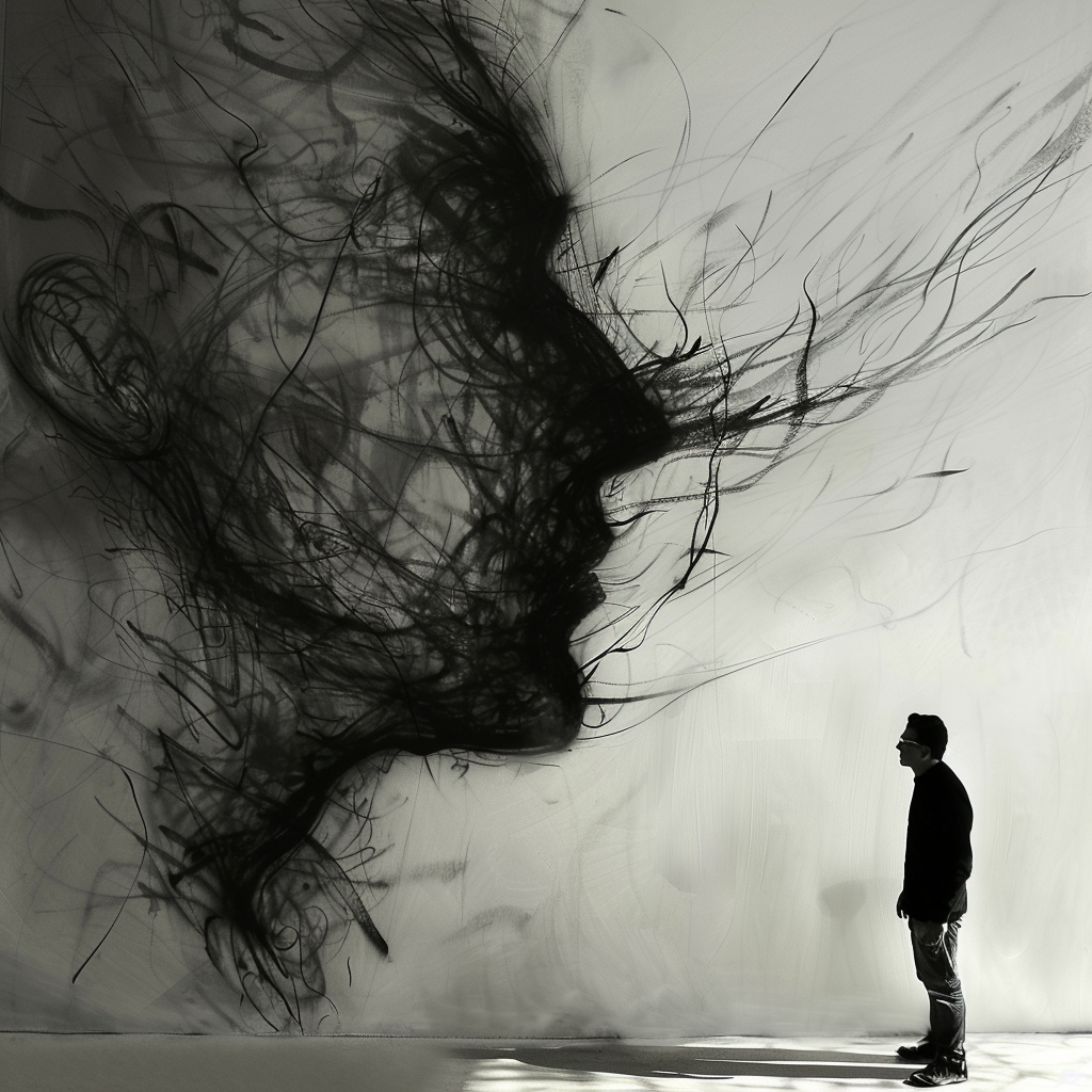 A person stands facing a large abstract, smoky silhouette of a human face on a wall, embodying the concept that reality exists in the human mind.