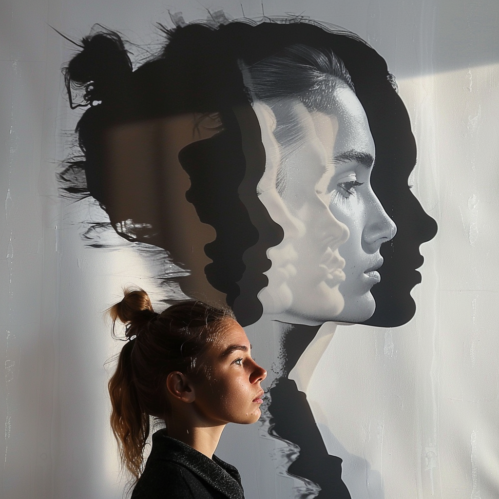 A woman stands in profile, her face aligned with a series of overlapping silhouettes on a wall, embodying the idea that reality exists in the human mind.