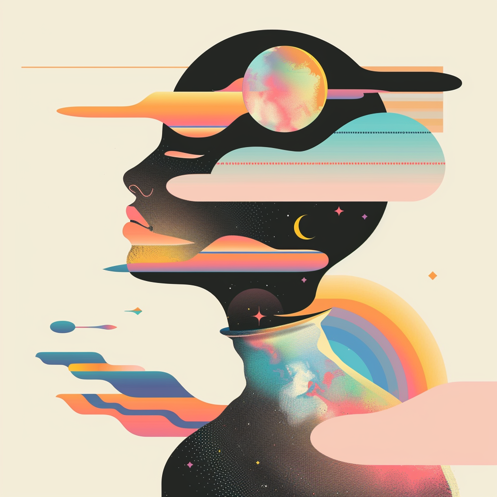 Surreal profile of a human head filled with abstract, colorful clouds, stars, and planets, reflecting the notion that reality exists in the human mind, and nowhere else.