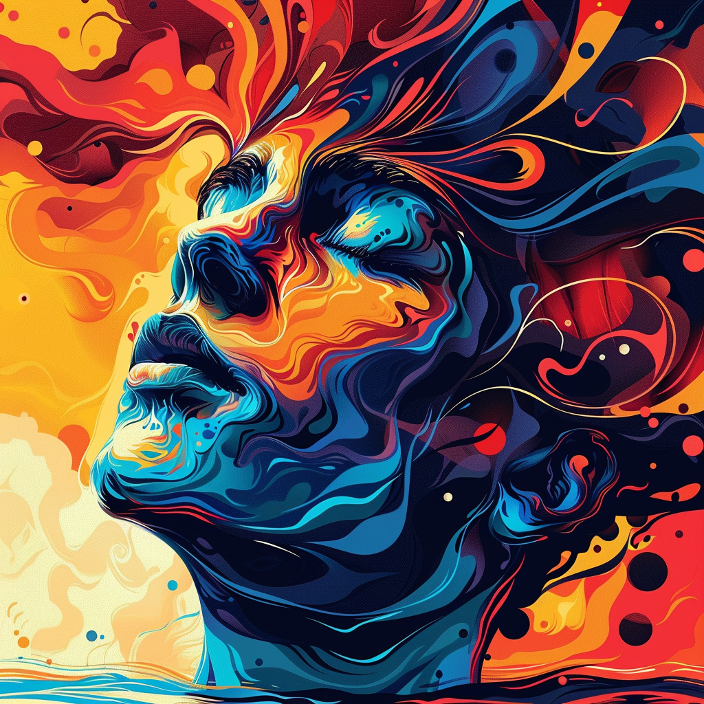 A vibrant, surreal image of a human face intertwined with abstract, colorful swirls, embodying the idea that reality exists in the human mind.