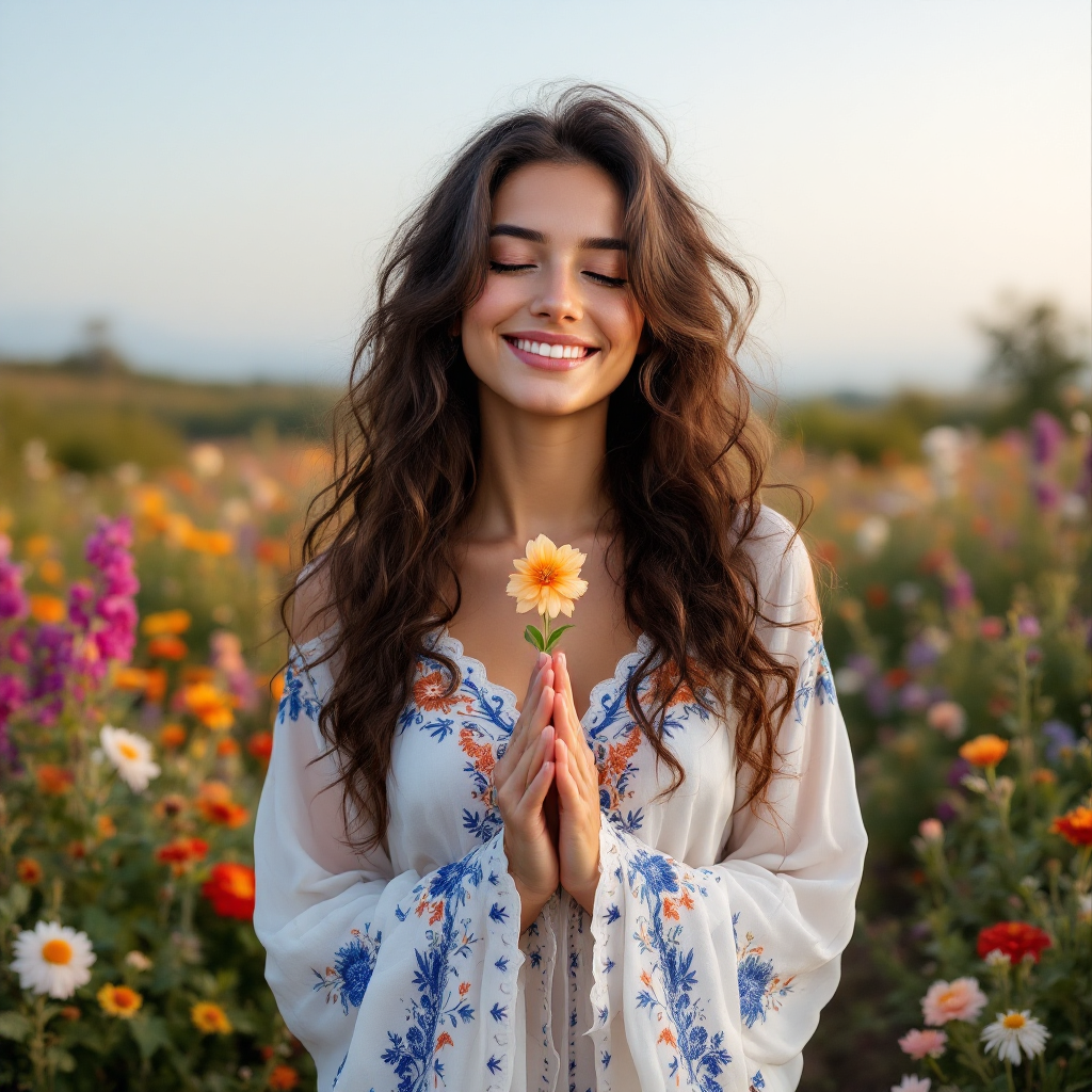 A smiling woman in a floral dress gently holds a small flower, surrounded by a vibrant field of colorful blooms, embodying the joy and love expressed in the quote about life's greatest pleasure.