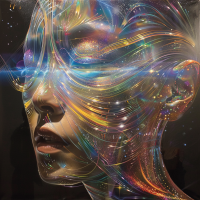 A human face surrounded by bright, swirling, multicolored lights depicting the quote, Reality exists in the human mind, and nowhere else. The lights flow in a dynamic, dreamlike pattern.