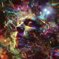 A human face surrounded by vibrant, swirling colors and abstract patterns, illustrating the concept that reality exists in the human mind and nowhere else.