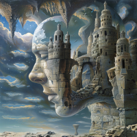 A surreal image depicting a human face integrated with a castle, illustrating the concept that reality exists in the human mind. The sky and landscape blend into the architectural features.