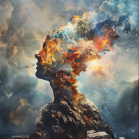 A surreal image depicts a human head with an exploding fiery galaxy and clouds, illustrating the concept that reality exists solely in the human mind, inspired by a book quote.