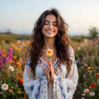 A smiling woman in a floral dress gently holds a small flower, surrounded by a vibrant field of colorful blooms, embodying the joy and love expressed in the quote about life's greatest pleasure.