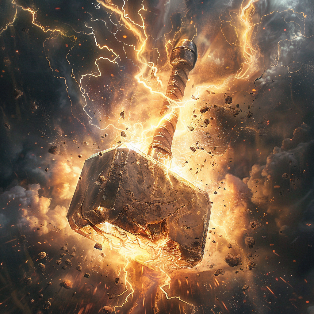 A powerful hammer engulfed in flames and lightning, symbolizing a force that sets worlds afire and breaks chains.