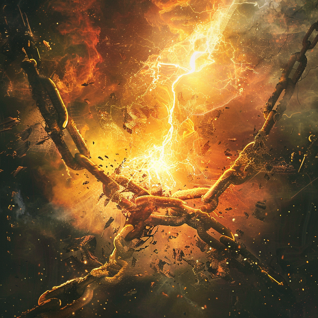 A vivid image of a fiery spark and golden lightning striking broken chains, symbolizing liberation and the explosive ignition of revolution.