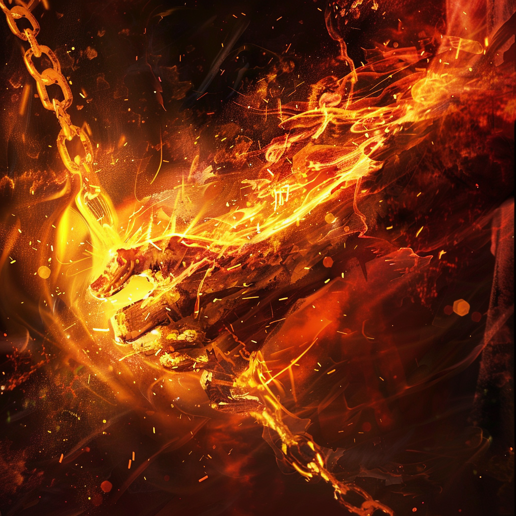 A vivid illustration of a fiery hammer breaking chains, symbolizing the unleashing of a transformative, powerful force.