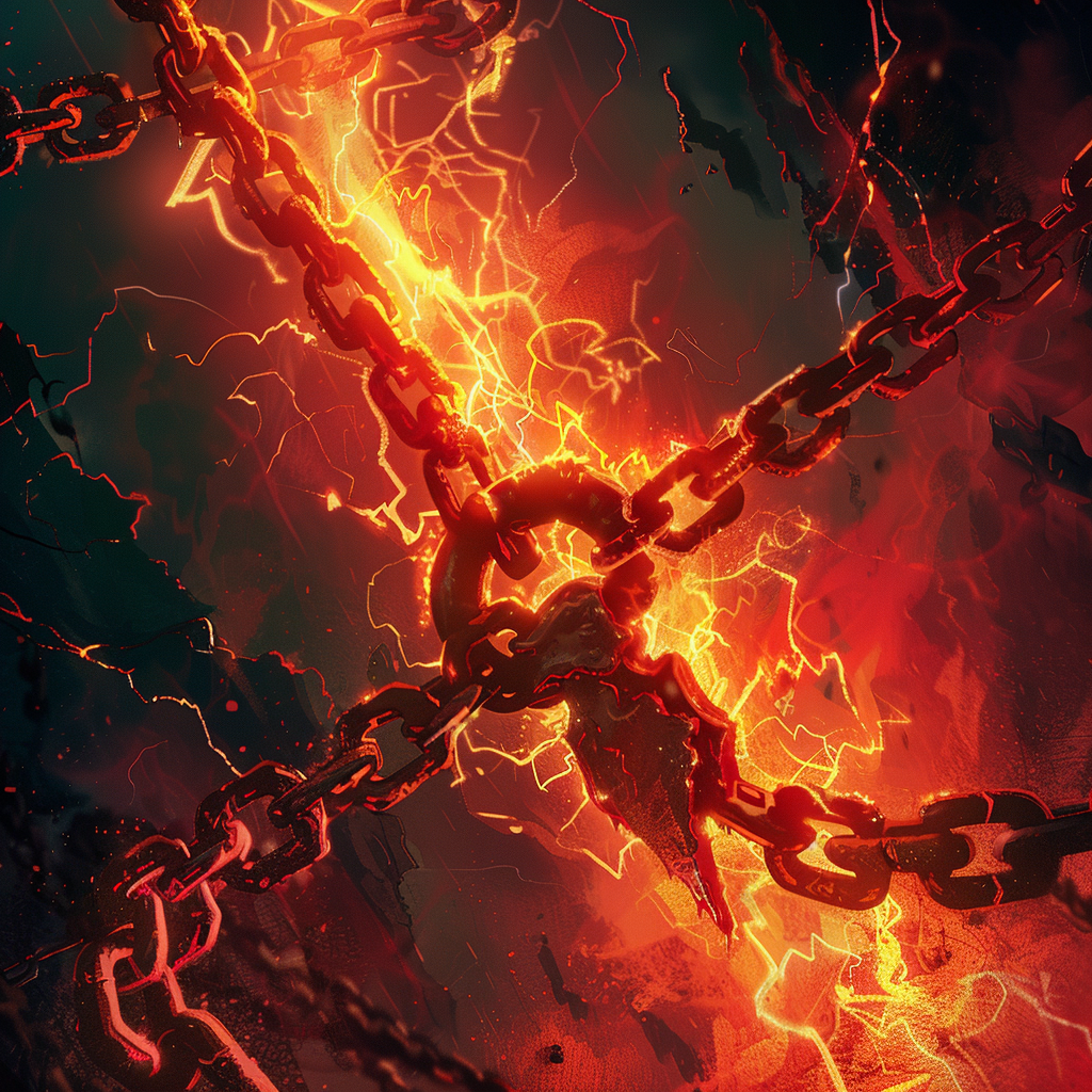 A vivid illustration of a chain breaking with intense, fiery sparks symbolizing liberation and monumental change.