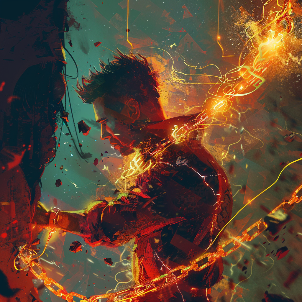 A dynamic, fiery illustration of a man channeling intense energy, embodying the concept of being a spark that sets worlds afire and a hammer that cracks chains.