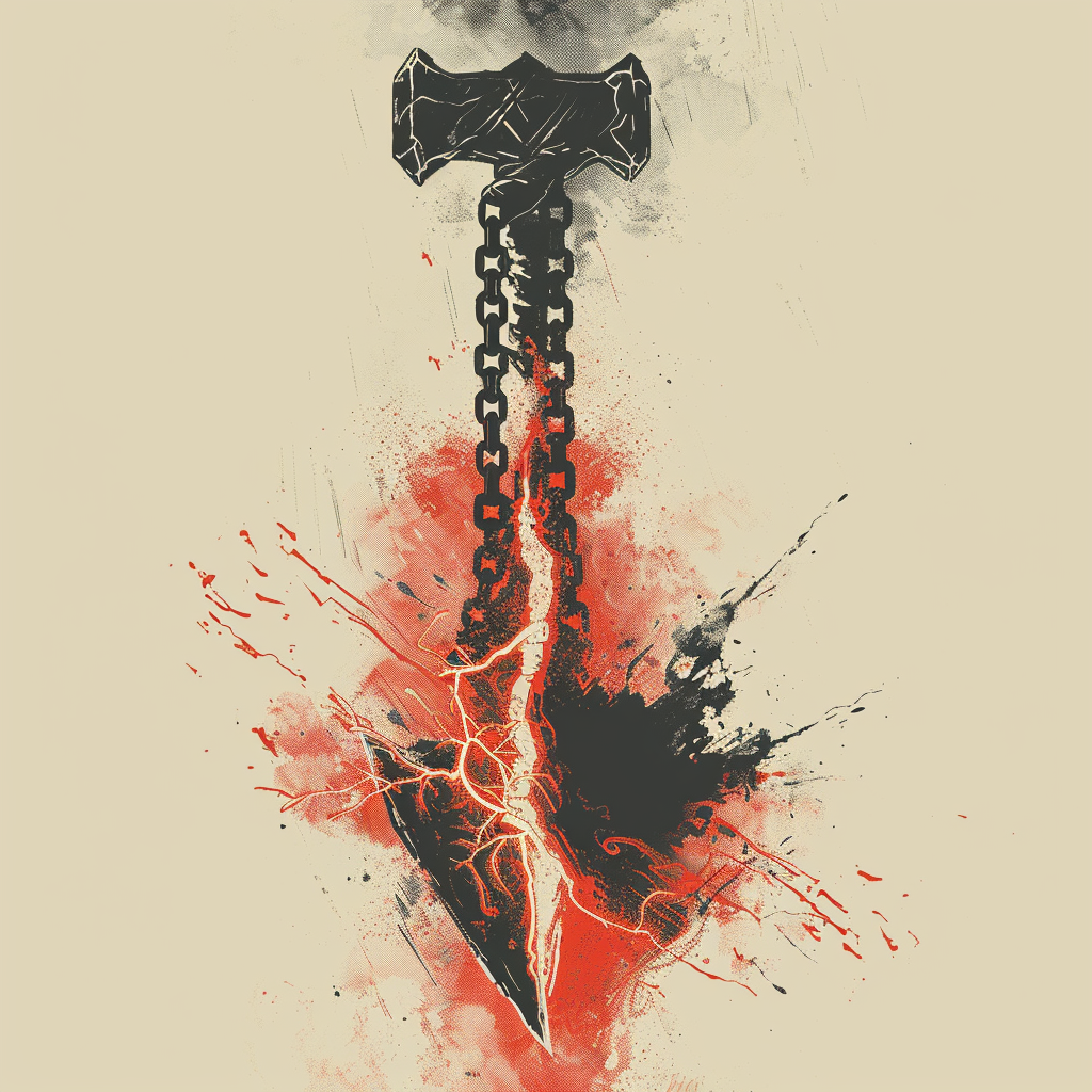 A dramatic illustration of a hammer with a chain handle, embedded in a fiery and electrified explosion, symbolizing rebellion and transformative power.