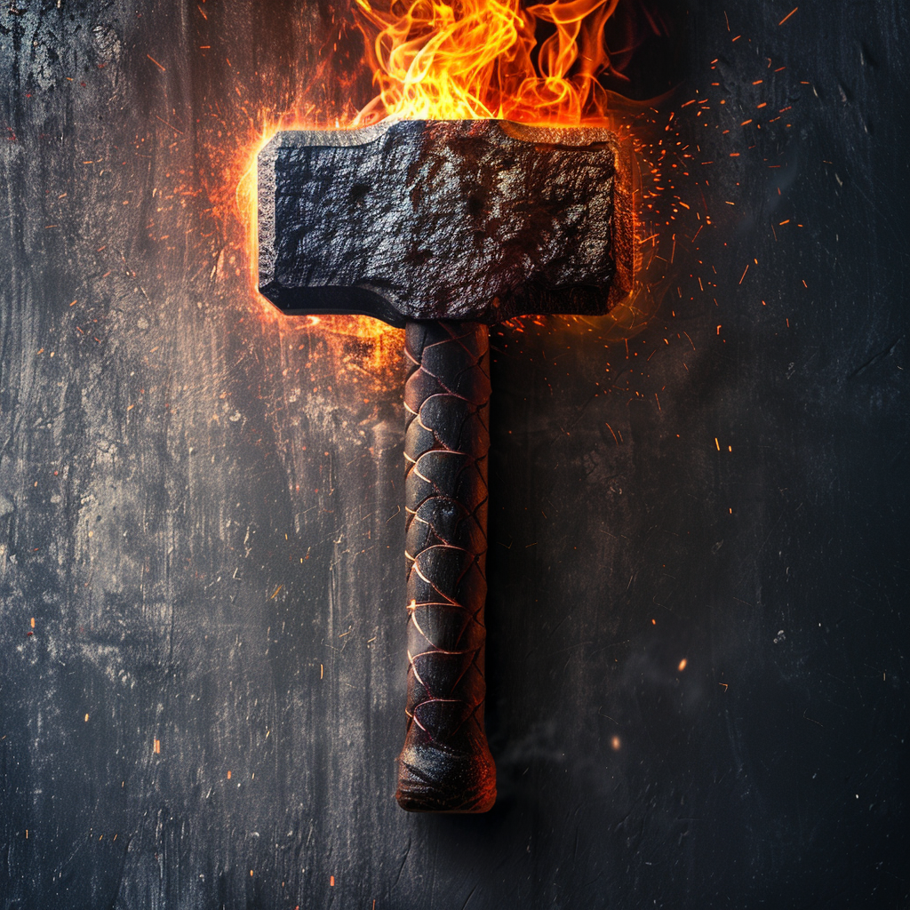 A hammer enveloped in flames against a dark background, symbolizing the power to ignite worlds and break chains.