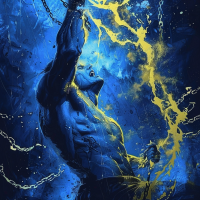 A vibrant blue figure breaks chains, surrounded by electric sparks, embodying the spirit of revolution and liberation.