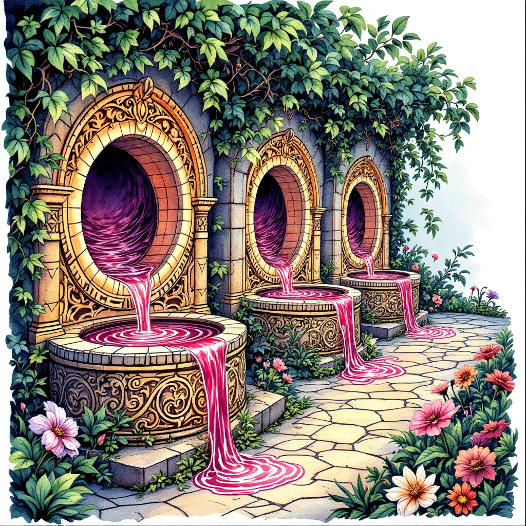 Three ornate wells spill vibrant, flowing wine into a lush garden path, surrounded by colorful flowers, reflecting the quote, The wine of life is drawn from many wells.