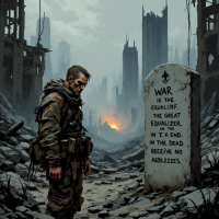 A soldier stands amidst war-torn ruins, gazing somberly at a gravestone engraved with a poignant quote about the equality of death in battle. The atmosphere is bleak and reflective.