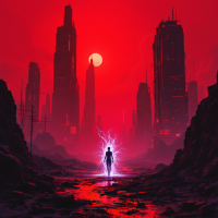 A lone figure stands amidst crumbling skyscrapers and a vibrant red sky, embodying the contrast between advanced technology and the warm human experiences described in the quote.