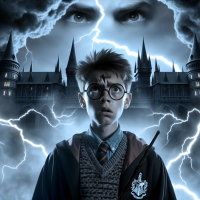 A young wizard stands in front of a dark, stormy castle with lightning and a menacing face in the clouds, reflecting the warning: Harry Potter must not go back to Hogwarts. He will be in mortal danger.