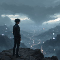 A figure stands on a rocky outcrop, gazing into a dark, swirling storm over a sprawling city, embodying the weight of consequences associated with living.