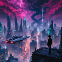 A futuristic cityscape with dramatic pink and purple skies, featuring a sleek spaceship flying over towering skyscrapers, while a lone figure gazes from a rooftop.