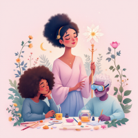 Three individuals gather around a colorful table adorned with art supplies, united in creativity. A figure stands with a flower, symbolizing collaboration and shared purpose amidst vibrant flora.