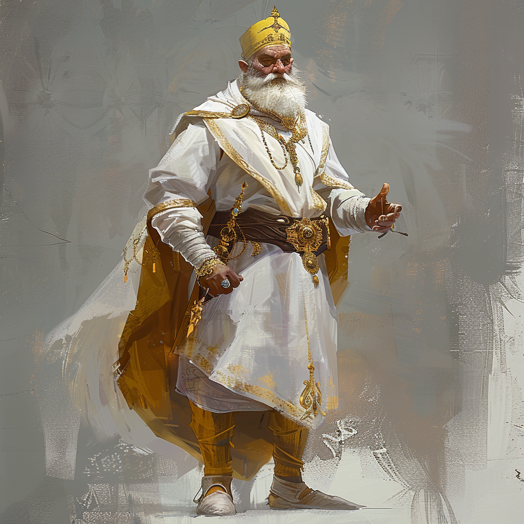 King Argaven XV wears a white tunic, shirt, and breeches, with saffron leather leggings and a peaked yellow cap, adorned solely by a gold finger-ring. His attire reflects regal simplicity and authority.