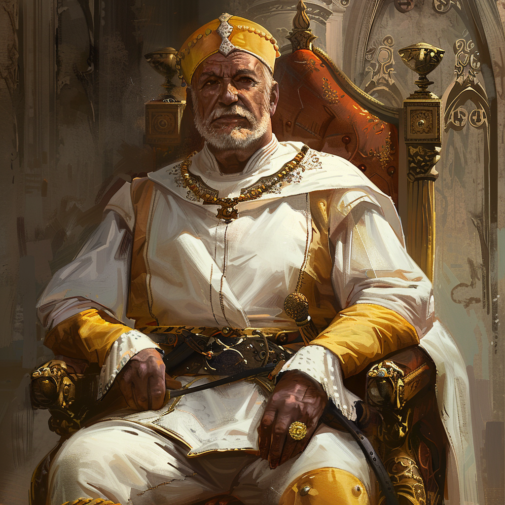 A regal figure, King Argaven XV, sits in a grand throne, adorned in a white tunic, shirt, and breeches, saffron leather leggings, and a yellow peaked cap. A gold finger-ring signifies his office.