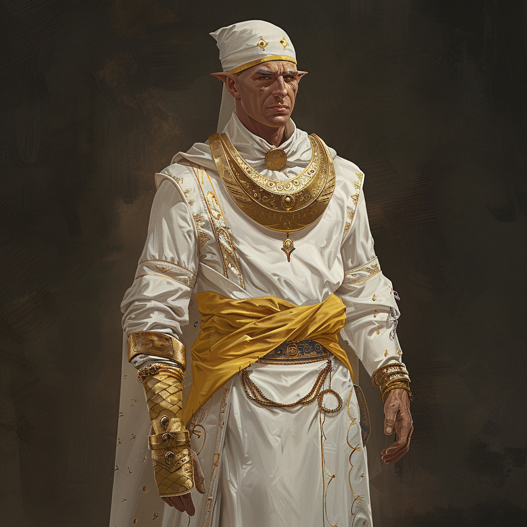 King Argaven XV in a white tunic, shirt, and breeches, with saffron leather leggings and a yellow cap. Adorned with a gold finger-ring, embodying regality and authority as described in the book.