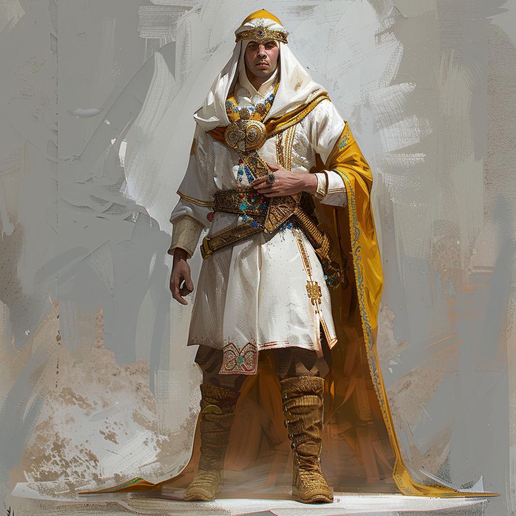 King Argaven XV in a white tunic, shirt, and breeches, with saffron leather leggings and a peaked yellow cap, adorned only with a gold finger-ring.