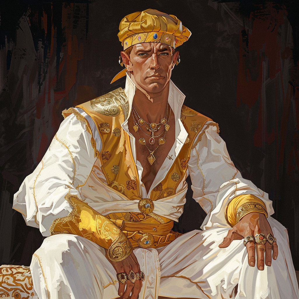 A regal man in a white tunic, shirt, and breeches, with saffron leather leggings and a peaked yellow cap, wears a gold finger-ring, embodying the description of King Argaven XV from the book quote.