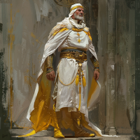 King Argaven XV stands in a white tunic, shirt, and breeches, with saffron leather leggings and a peaked yellow cap. A gold finger-ring is his only adornment and sign of office.