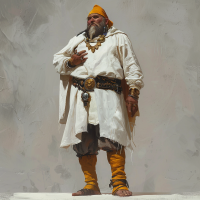 King Argaven XV stands confidently in a white tunic, shirt, and breeches, with saffron leather leggings and a yellow peaked cap. A gold finger-ring adorns his hand, signifying his royal office.