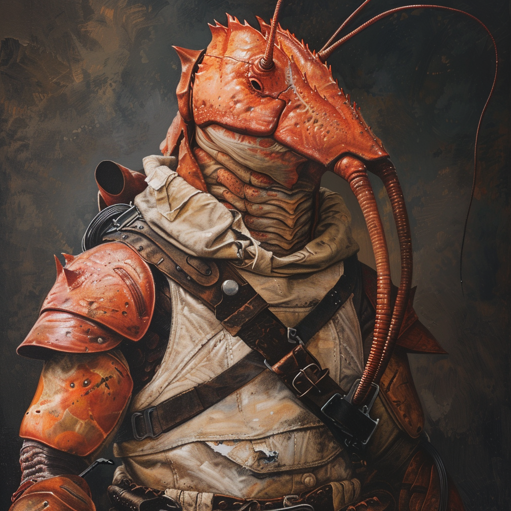 A character with a salmon-colored exoskeleton and belts, resembling an armored knight with a crustacean-like appearance.