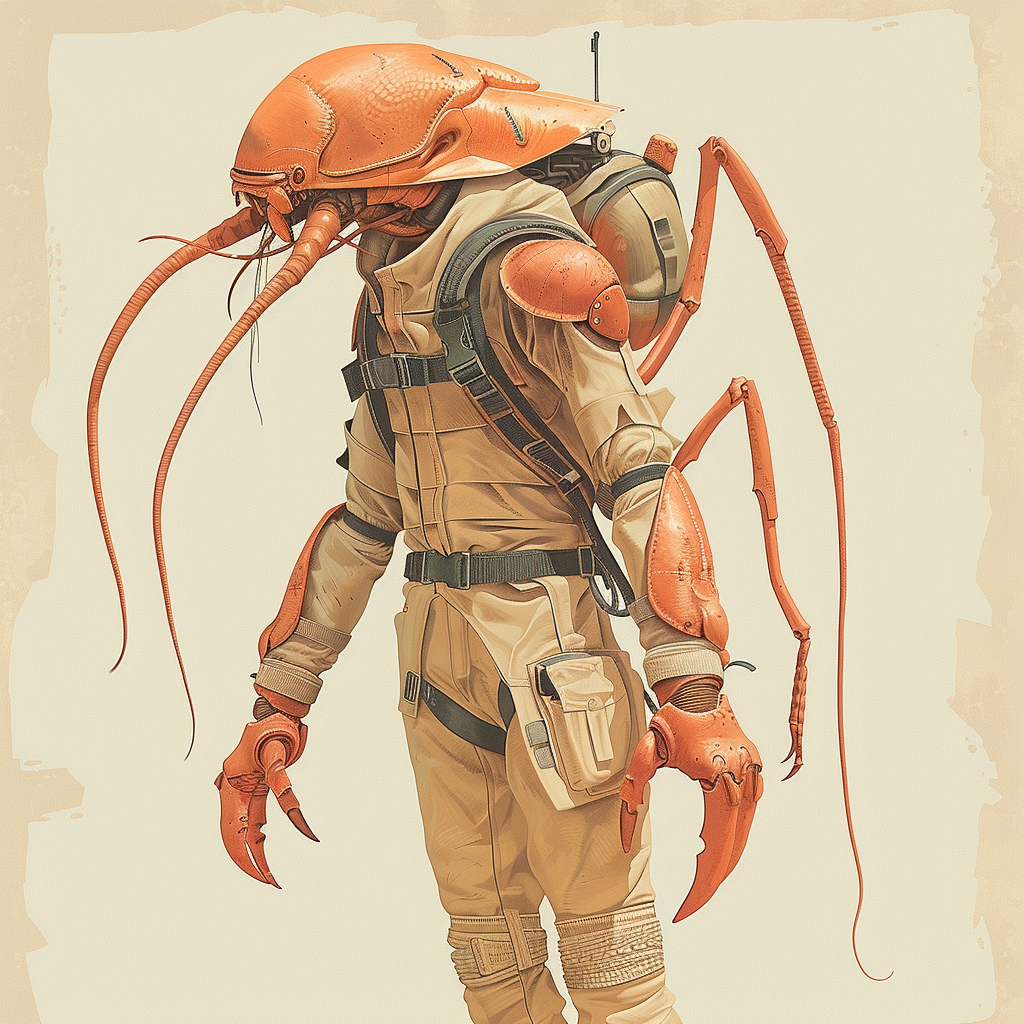 Illustration of an eleven-foot-tall character with a salmon-colored exoskeleton and pouched belts, resembling a humanoid lobster.