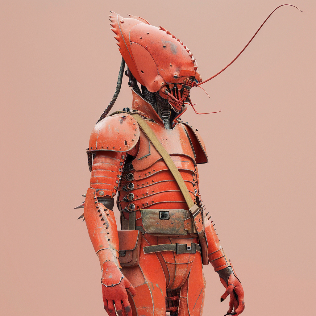 A digital art image of a character with a salmon-colored lobster exoskeleton wearing pouched belts.